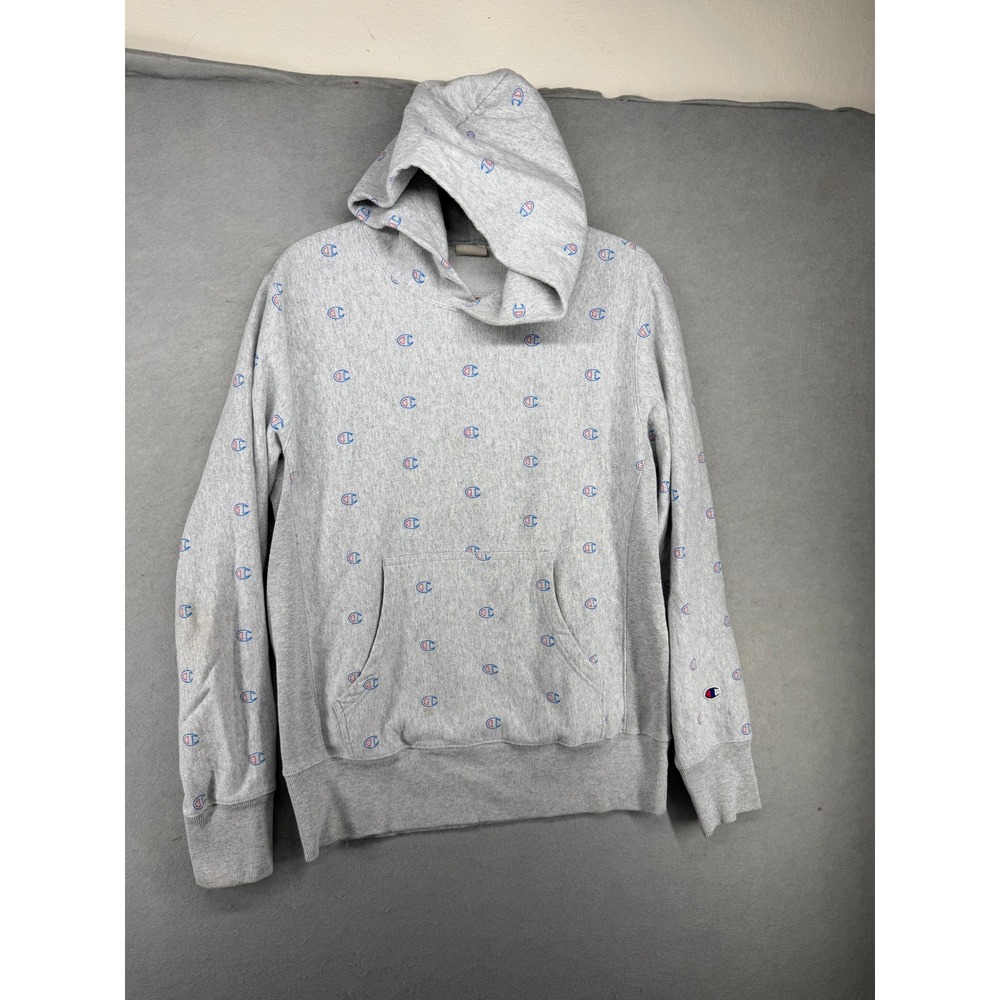 Champion Reverse Weave Hoodie XL‎ Gray All Over Logo Print Pullover Sweatshirt